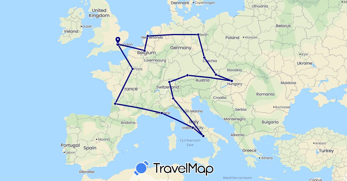 TravelMap itinerary: driving in Austria, Belgium, Switzerland, Czech Republic, Germany, France, United Kingdom, Hungary, Italy, Netherlands (Europe)